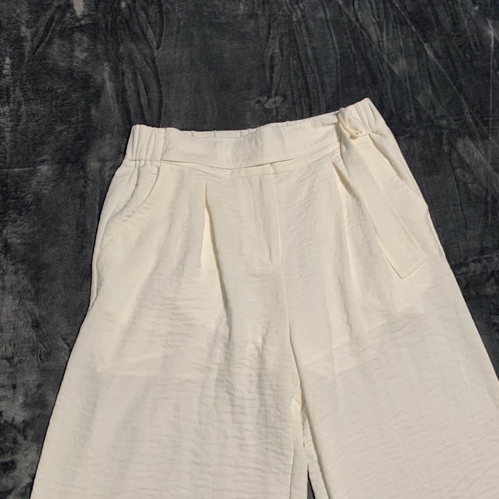 B New York Women Cream Textured Wide Leg Belted Pants Medium Off White Boho Flaw - Picture 5 of 12